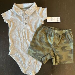 Carter's Matching Set in Green and Gray with Soft Bodysuit and Camouflage Shorts